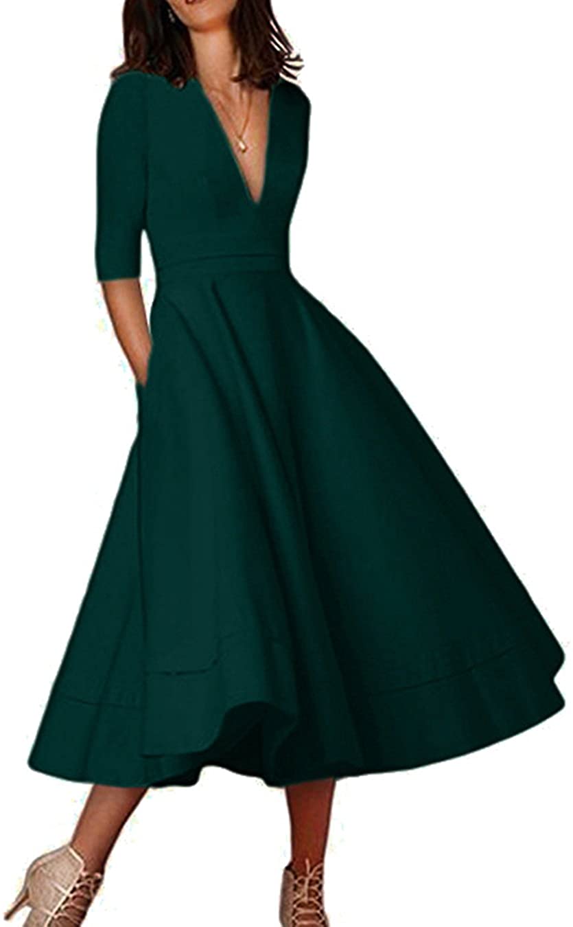 Price:$20.99    EFOFEI Womens Cocktail Half Sleeve Deep V Neck Dress Swing A Line Dress  Clothing