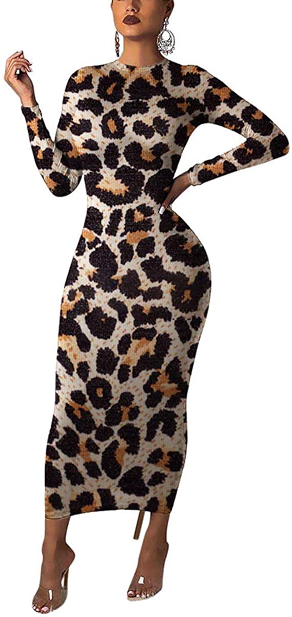 Price:$27.99    Womens Sexy Long Sleeve Leopard Print Bodycon Dress Unique Cocktail Party Midi Dress  Clothing