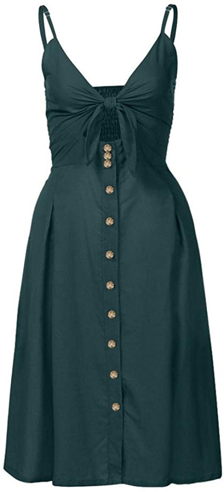 Price:$14.29    iLUGU Off Shoulder Sleeveless Knee-Length Dress for Women 1/2 Button A-Line Beach Dress  Clothing