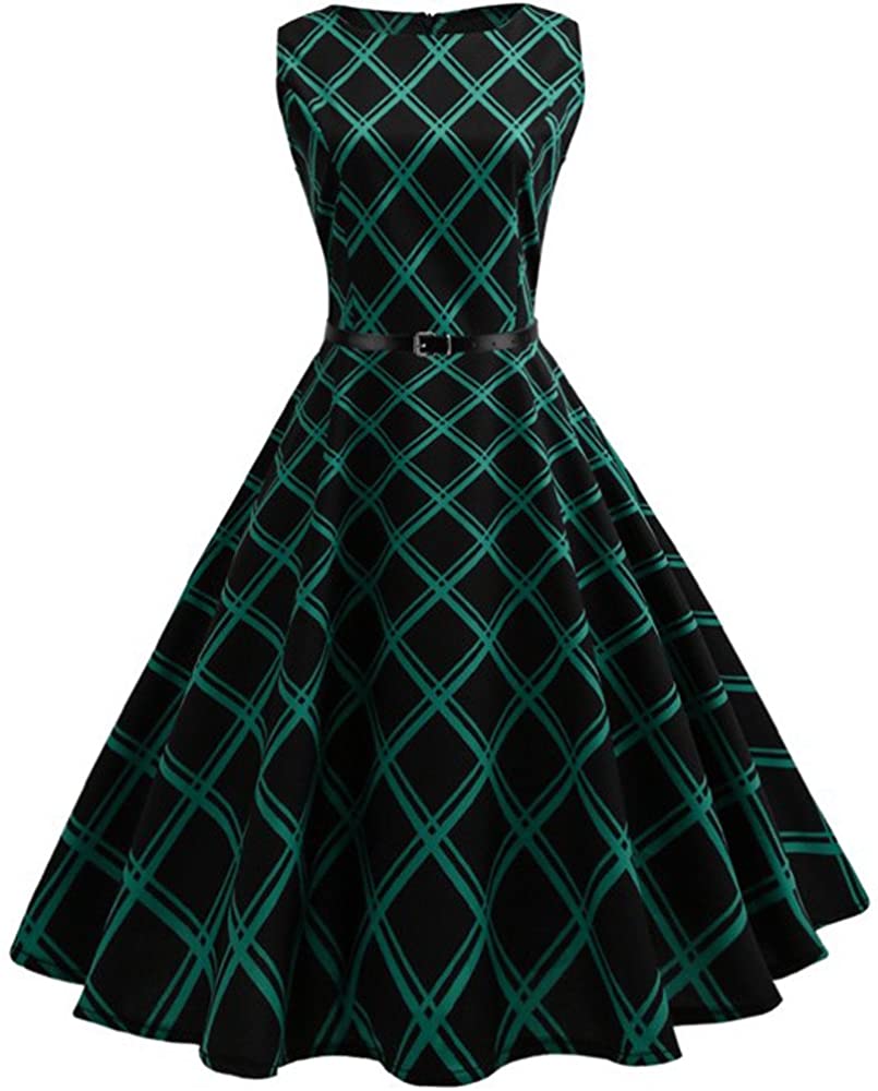 Price:$11.48 JESPER Women's Boatneck Sleeveless Vintage 1950s Cocktail Dress Plaid Print Audrey Hepburn Elegant A-line Dress at Amazon Women’s Clothing store
