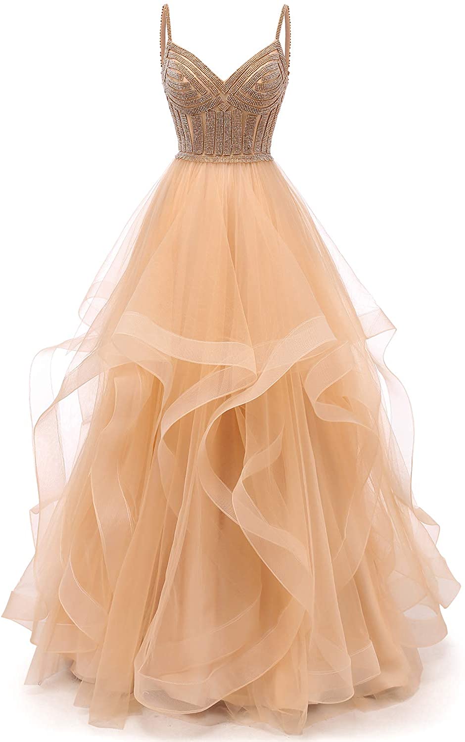Price:$82.90 Tulle Crystal Beaded Prom Dresses Tiered Formal Evening Dresses Spaghetti Strap Ball Gown at Amazon Women’s Clothing store