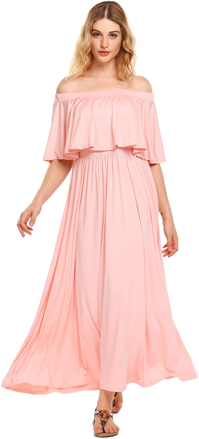 Price:$13.79 Zeagoo Women's Off Shoulder Ruffle A-line Swing Long Maxi Dress High Waist Cocktail Party Dresses at Amazon Women’s Clothing store