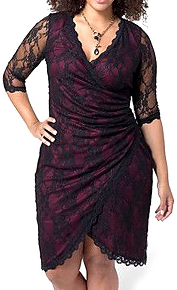 Price:$29.99 Seyemimi 830 - Plus Size Lace Cinch 3/4 Sleeves Cocktail Holiday Evening Dress, Black Red, 3X Plus at Amazon Women’s Clothing store