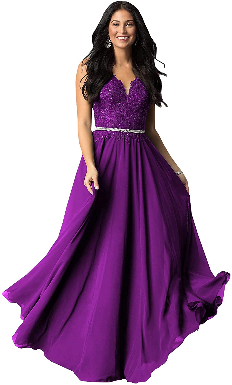 Price:$89.99 Women's A Line V Neck Lace Bodice Chiffon Prom Dresses Long Formal Evening Gown at Amazon Women’s Clothing store