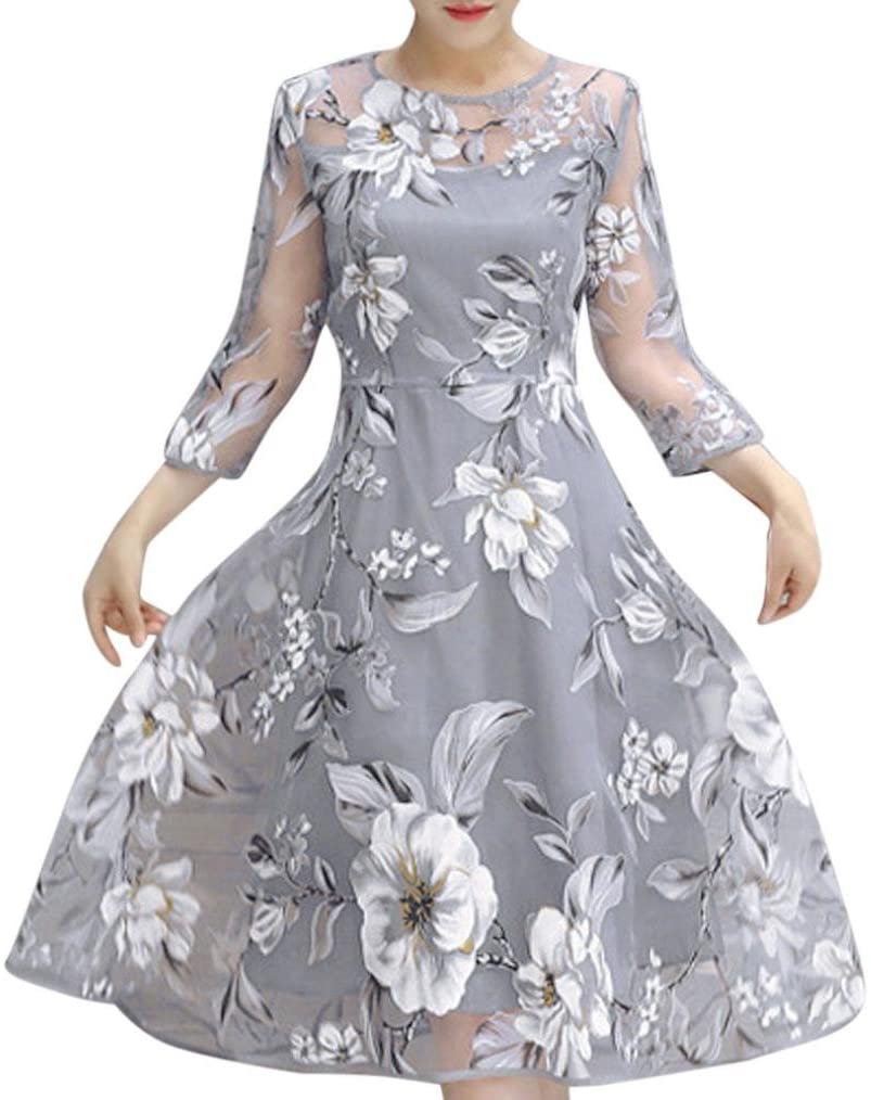 Price:$11.59    AIMTOPPY Women's Summer Three-Quarter Sleeves Organza Floral Print Wedding Party Ball Prom Gown Cocktail Dress (L, Gray)  Clothing