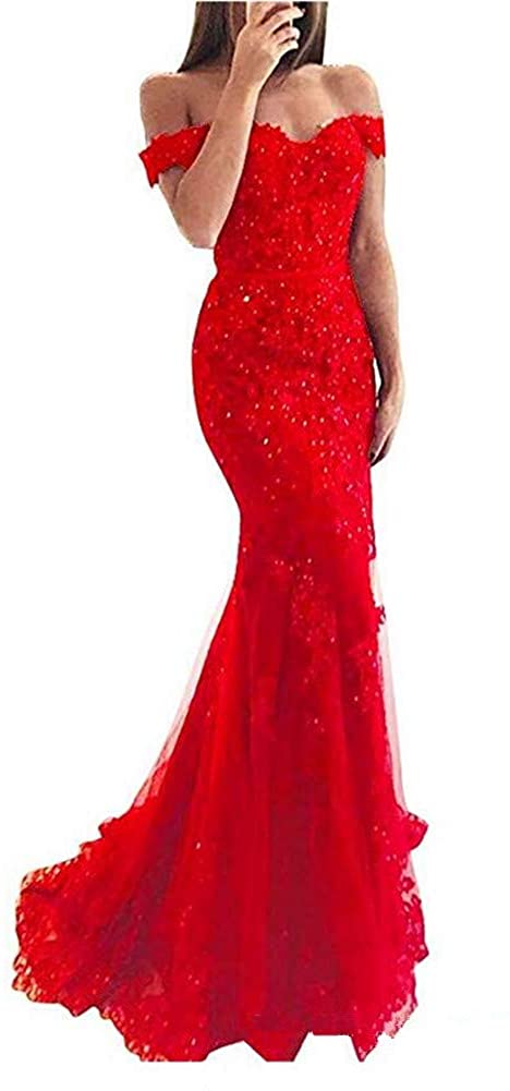 Price:$97.00    VeraQueen Women's Off Shoulder Long Beaded Prom Dress V Neck Lace Mermaid Formal Evening Dress Red  Clothing