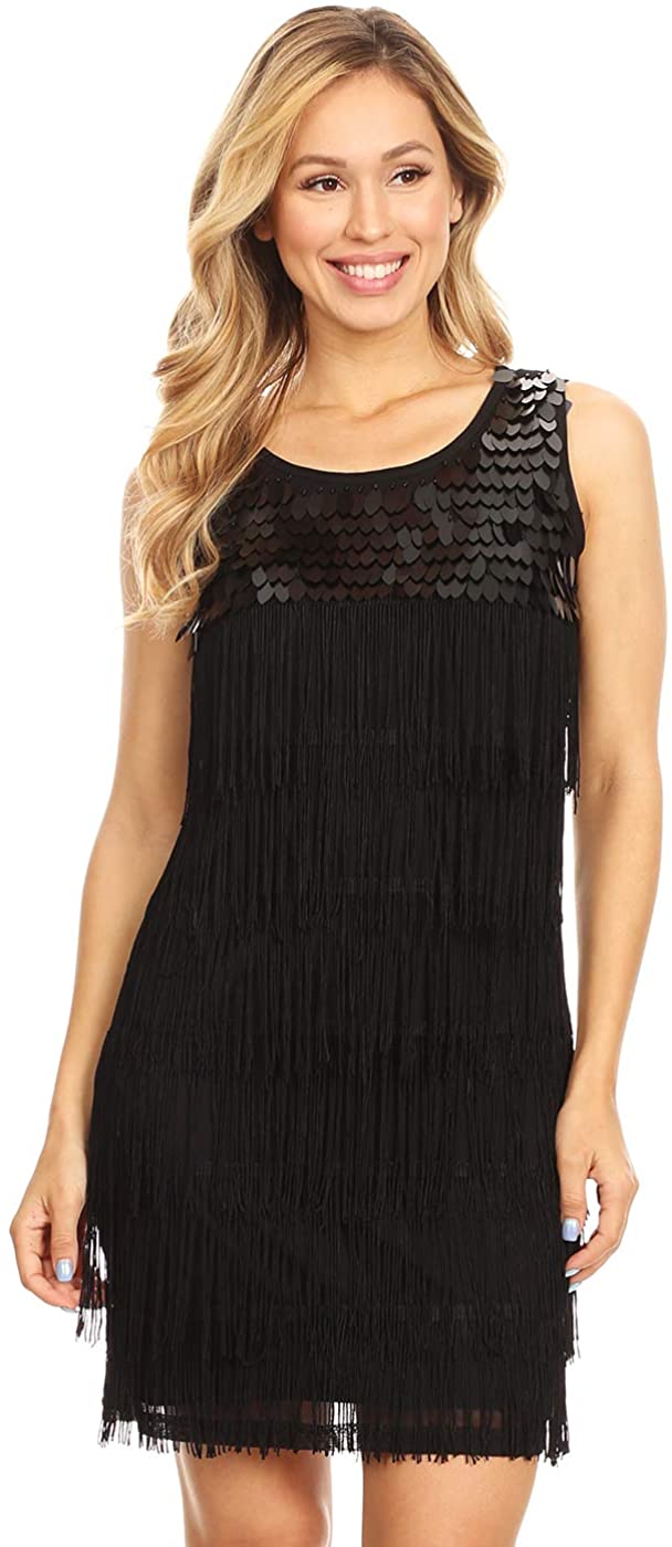 Price:$29.99    Anna-Kaci Women's 1920s Flapper Solid Color Fringed Sequin Cocktail Party Dress  Clothing