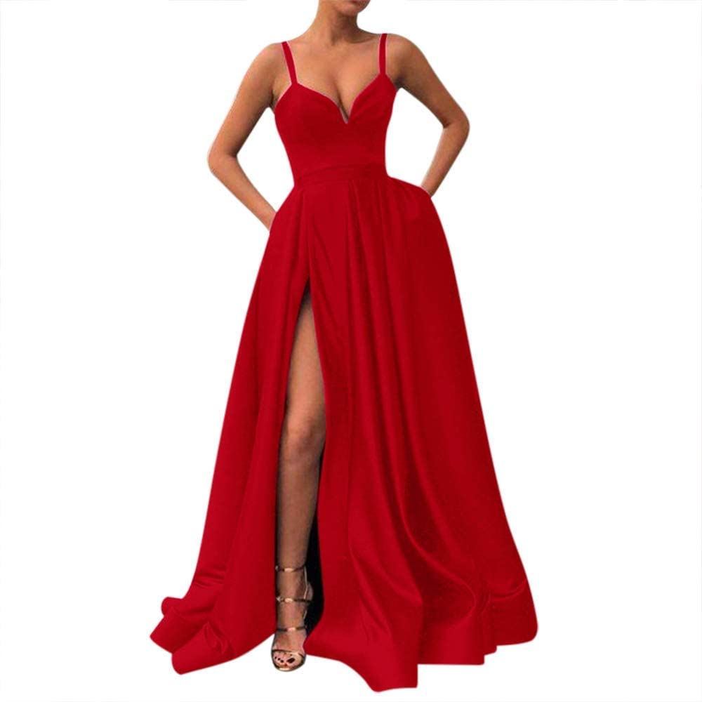 Price:$74.00 Fanciest Women's Spaghetti Straps Slit Satin Prom Evening Dresses with Pockets at Amazon Women’s Clothing store