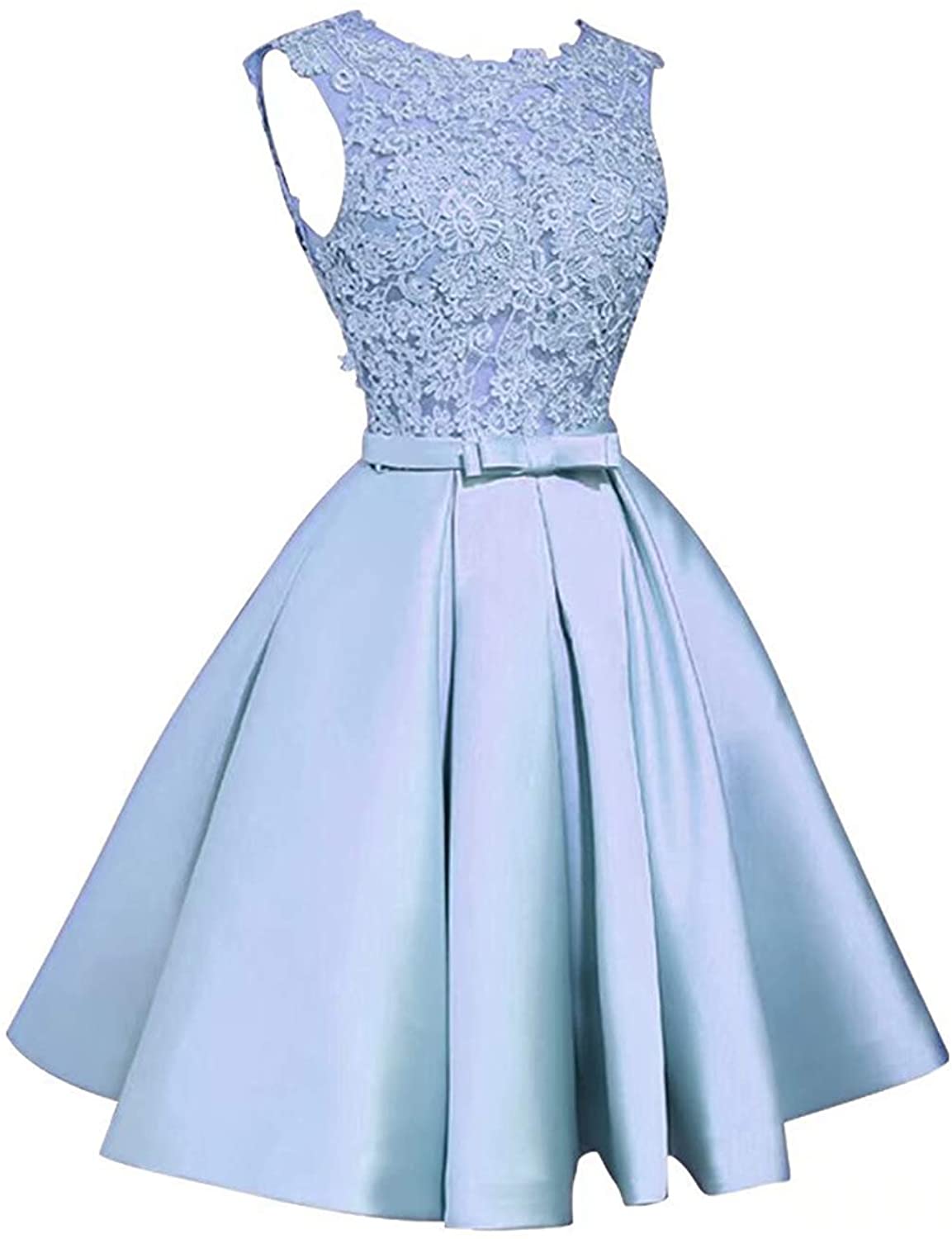 Price:$59.00    HelloLadyBridal Women's Satin Homecoming Dresses Short A Line Lace Prom Dress  Clothing