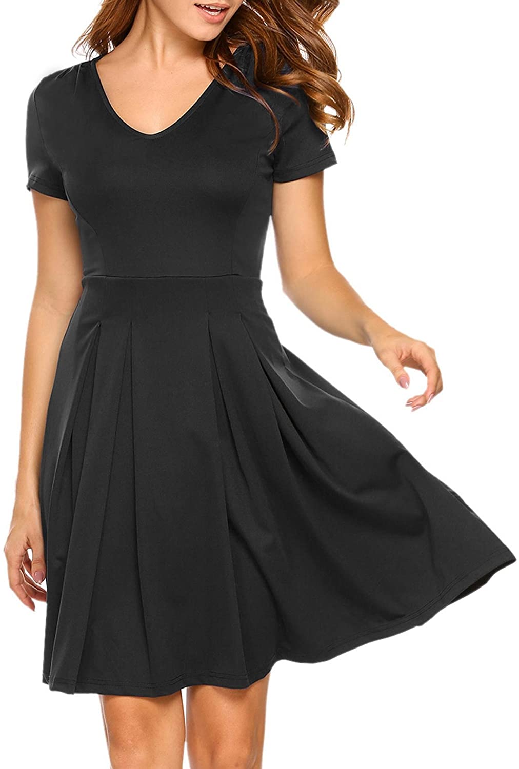 Price:$9.99 Hotouch Women 3/4 Sleeve Below The Knee Scallop V Neck Vintage Cocktail Dress at Amazon Women’s Clothing store