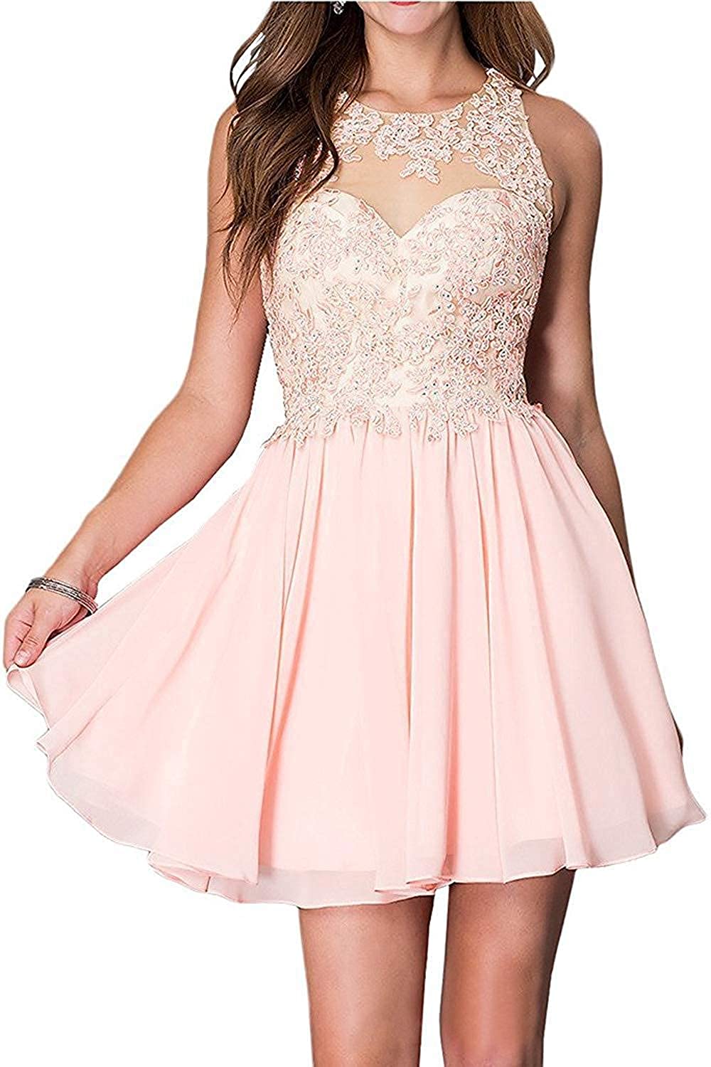 Price:$75.99    TTdamai Women's High Neck Homecoming Dresses Lace Appliqued Short Prom Dress Back to School  Clothing
