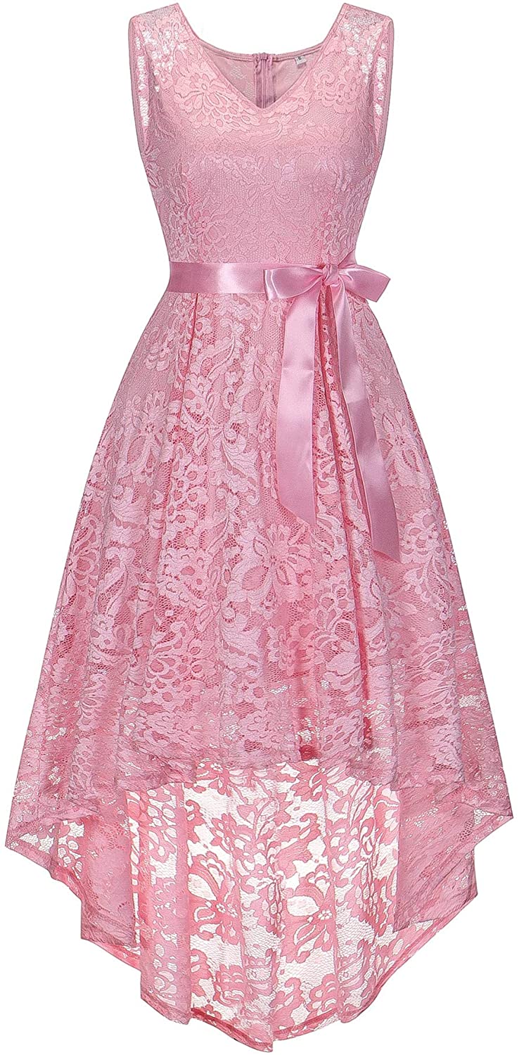 Price:$19.99    Nightycatty Women's Floral Lace Hi-Lo Dress Fit & Flare V Neck Asymmetrical Dress  Clothing