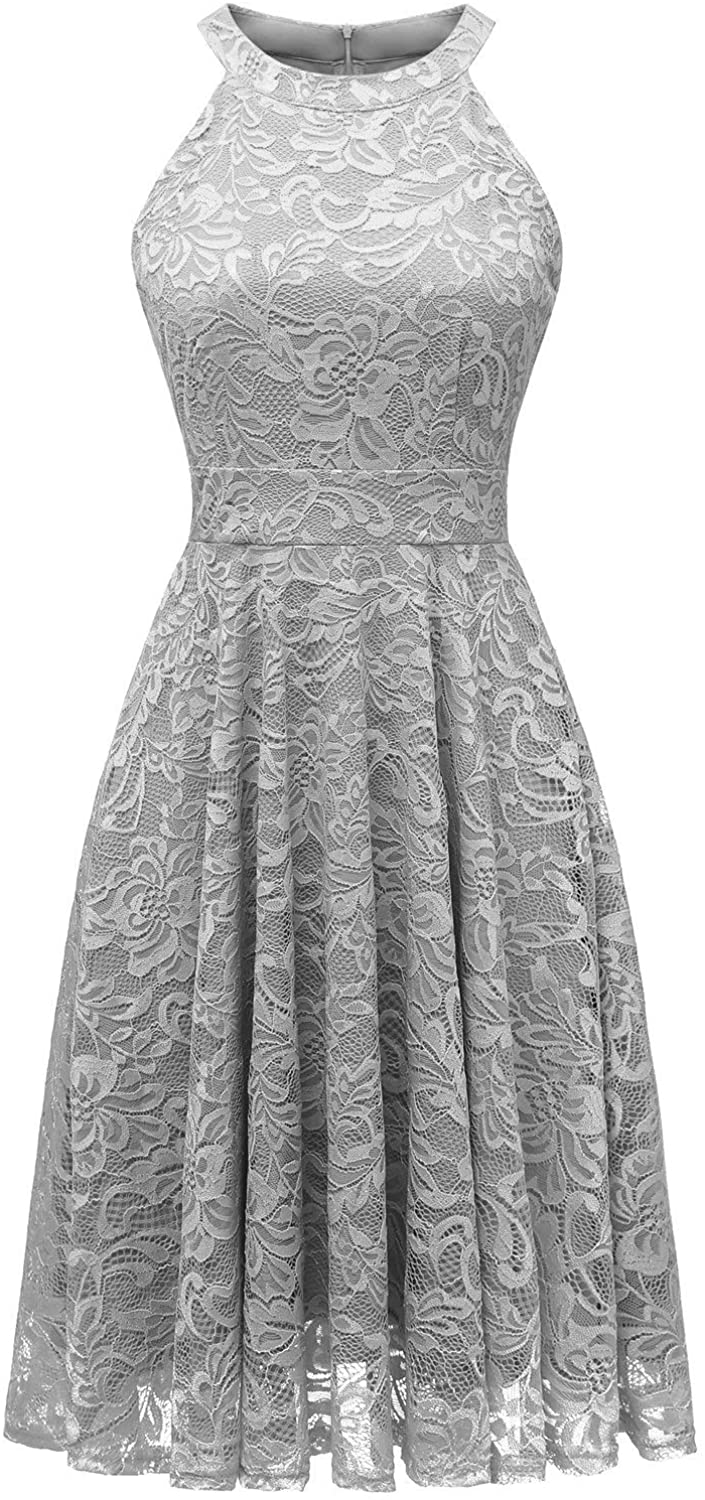 Price:$44.99    IVNIS IV9006 Women's Halter Neck Floral Lace Bridesmaid Dress Sleeveless Swing Cocktail Dress Grey M  Clothing
