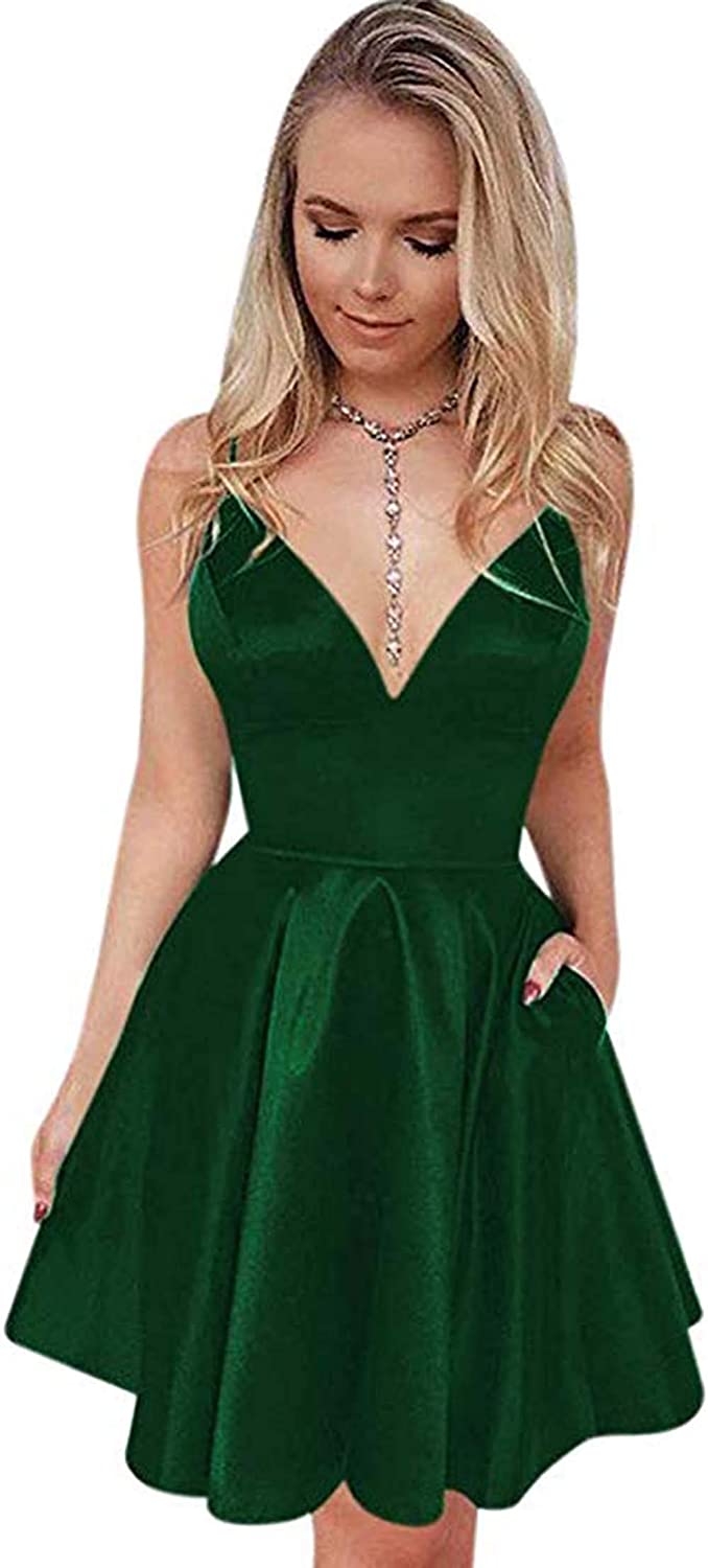 Price:$69.99 Rmaytiked V Neck Spaghetti Strap Prom Dresses Short 2020 Satin A Line Homecoming Dresses with Pockets at Amazon Women’s Clothing store