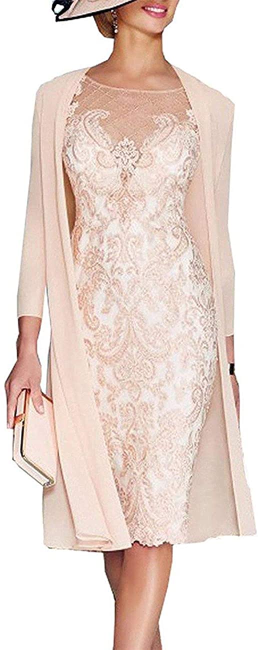 Price:$119.99    GMAR Chiffon Mother Of The Bride Dresses Lace Tea Length With 3/4 Sleeves Jacket Formal  Clothing