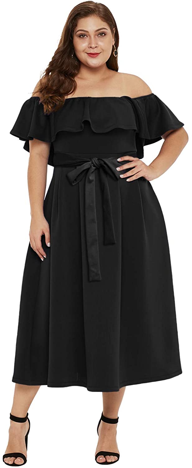 Price:$29.99 FUSENFENG Womens Plus Size Off Shoulder Ruffle Flare Cocktail Party Midi Dress (Black, 2X) at Amazon Women’s Clothing store