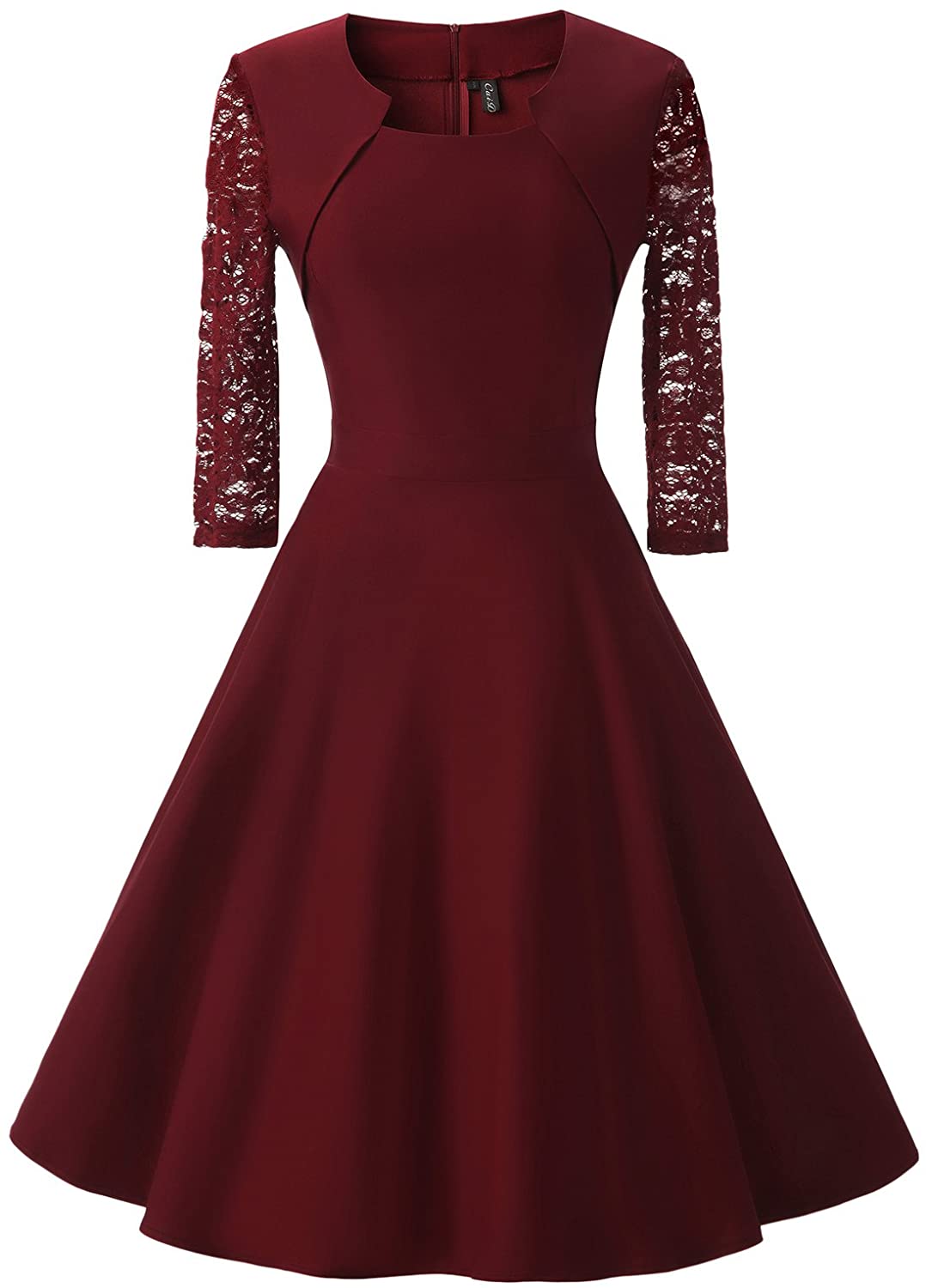 Price:$32.89    chouyatou Women's Retro 3/4 Lace Sleeve Fit and Flare A-Line Midi Cocktail Party Dress  Clothing