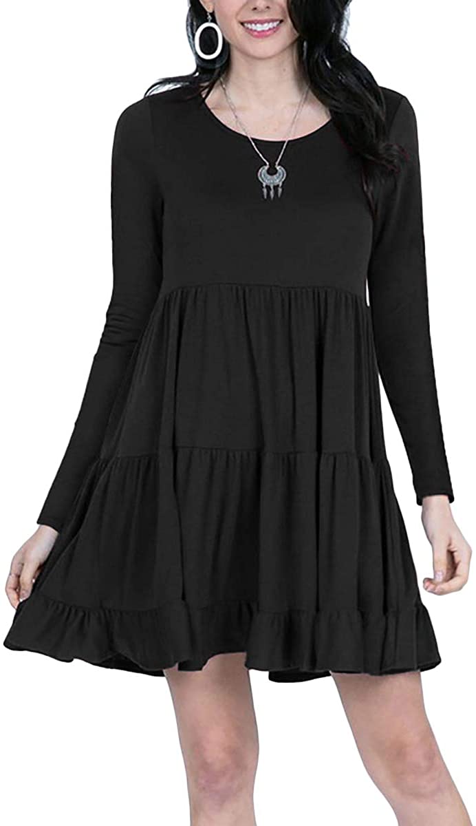 Price:$4.59 MOPOOGOSS Women's Round Neck Short Long Sleeve Ruffle Swing Casual Loose Fit Midi Dress with Pocket at Amazon Women’s Clothing store