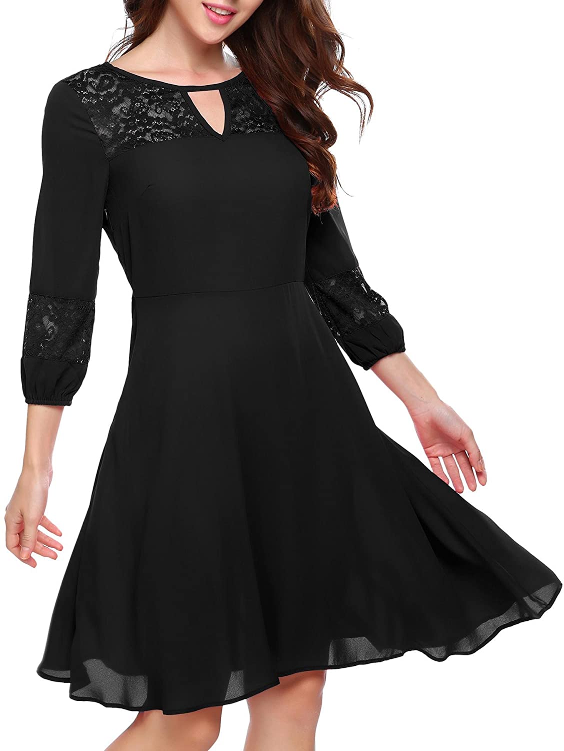 Price:$18.99    Zeagoo Women's 3/4 Sleeve Fit and Flare Keyhole Cutout Lace Stitching A-Line Swing Midi Dress  Clothing