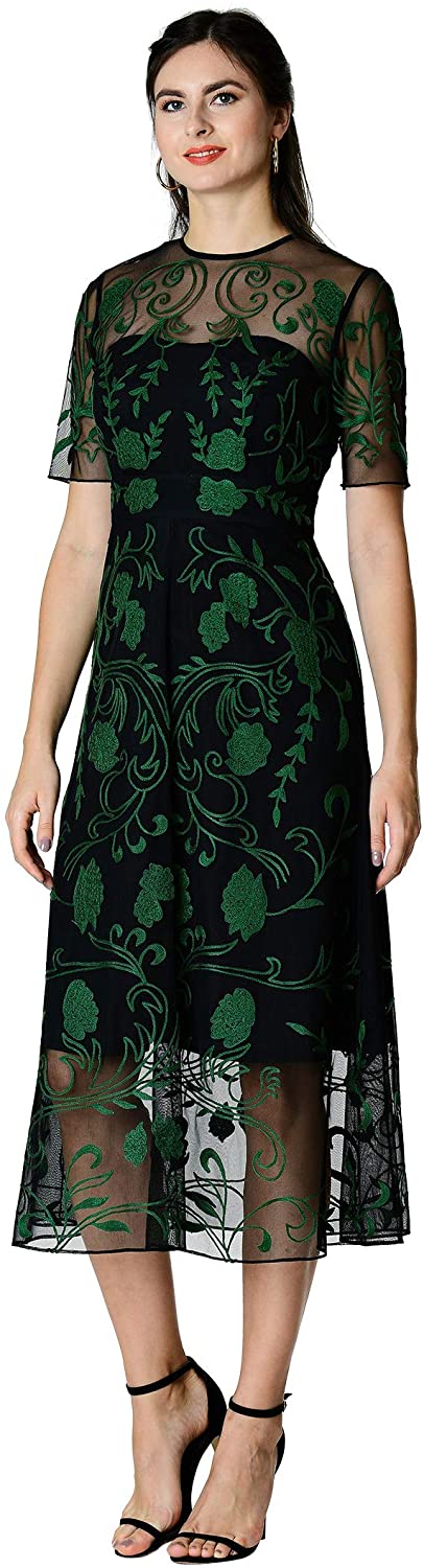 Price:$84.95    eShakti FX Floral Wool Embellished mesh Dress XS-0 Short Black/Bottle Green  Clothing