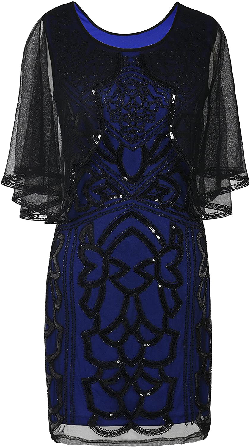 Price:$38.99    Kayamiya Women's Vintage 1920s Gatsby Dress Sequin Deco Cape Cocktail Flapper Dress M Black Blue  Clothing