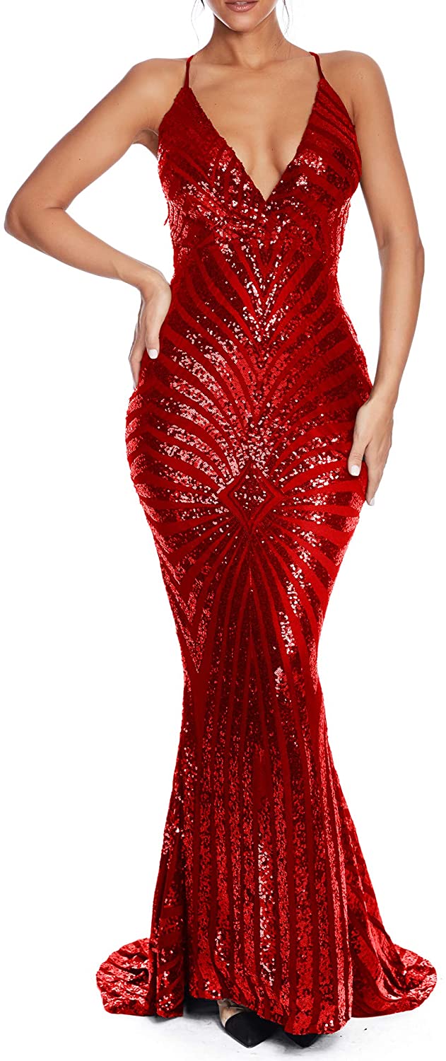 Price:$63.99    Women’s V Neck Mermaid Full Length Glittering Sequins Cocktail Evening Gown Party Dress  Clothing