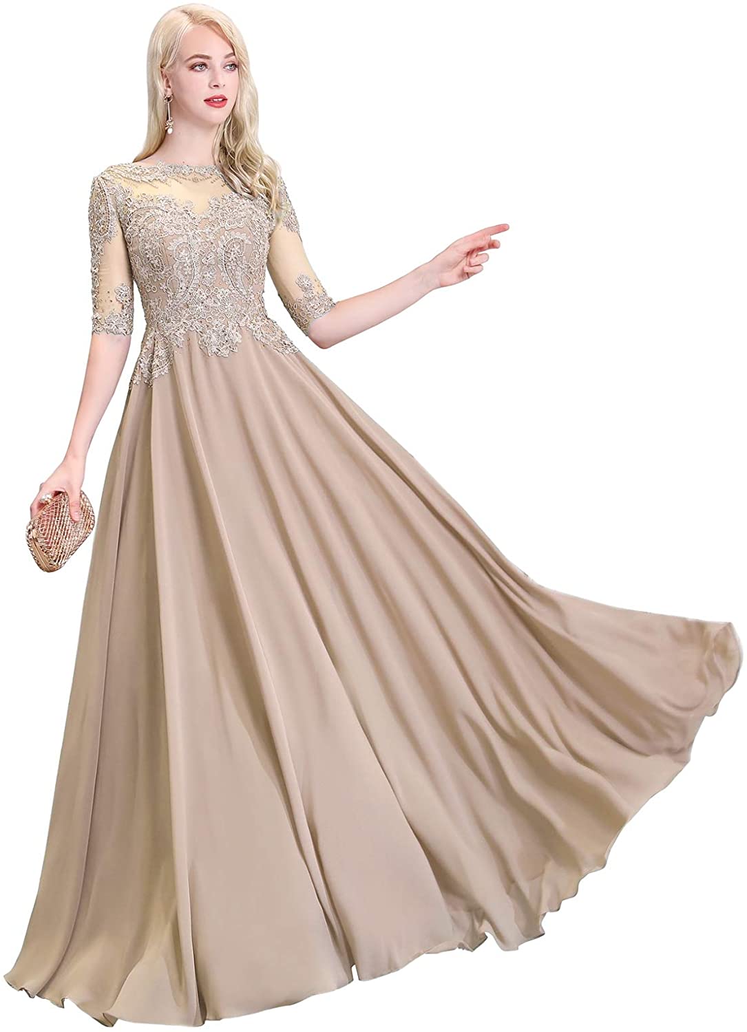 Price:$115.99 Women's Lace Applique Beaded Mother of The Bride Dress Half Sleeve Chiffon Evening Formal Party Dress at Amazon Women’s Clothing store