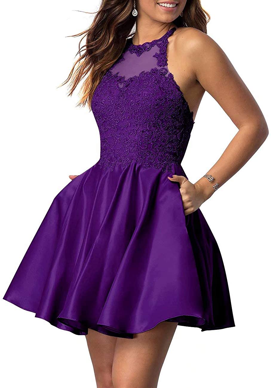 Price:$69.99    NaXY Juniors Halter Sleeveless Applique Beaded Short Homecoming Dresses with Pockets Purple Size 4  Clothing