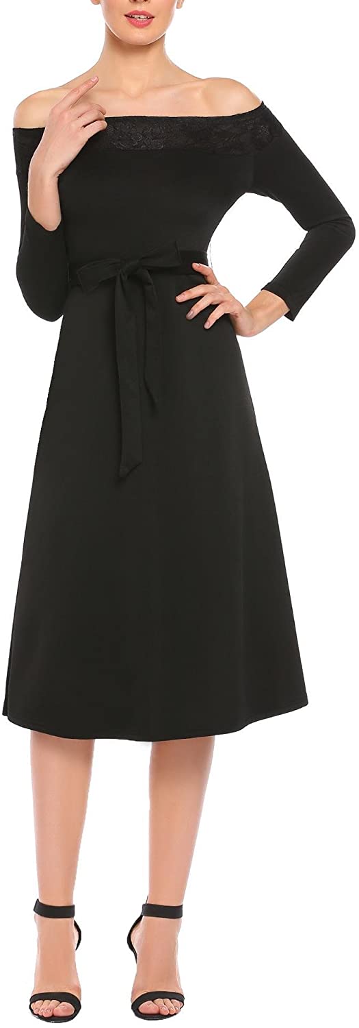 Price:$9.99 ANGVNS Women's Off Shoulder 3/4 Sleeve Floral Lace A-Line Work Business Dress with Belt at Amazon Women’s Clothing store