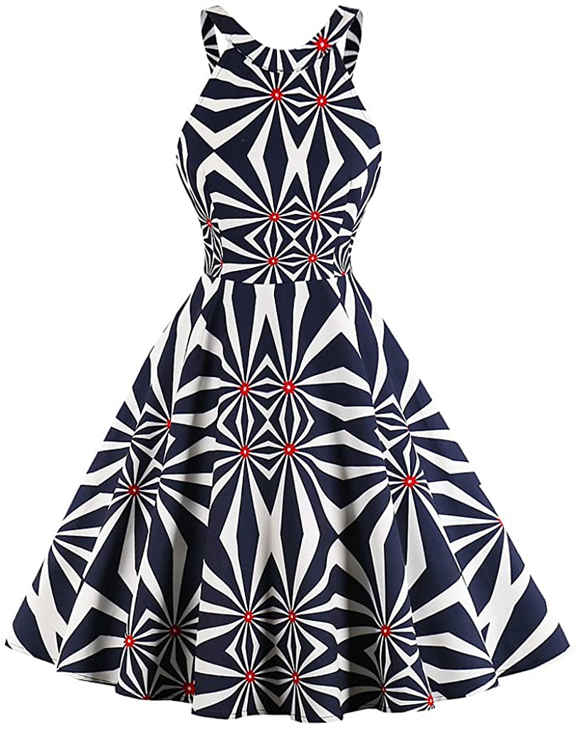 Price:$16.99 Sensfun Women's Vintage Classy Boatneck Audrey Hepburn Rockabilly Sleeveless Floral Swing Party Tea Dress at Amazon Women’s Clothing store