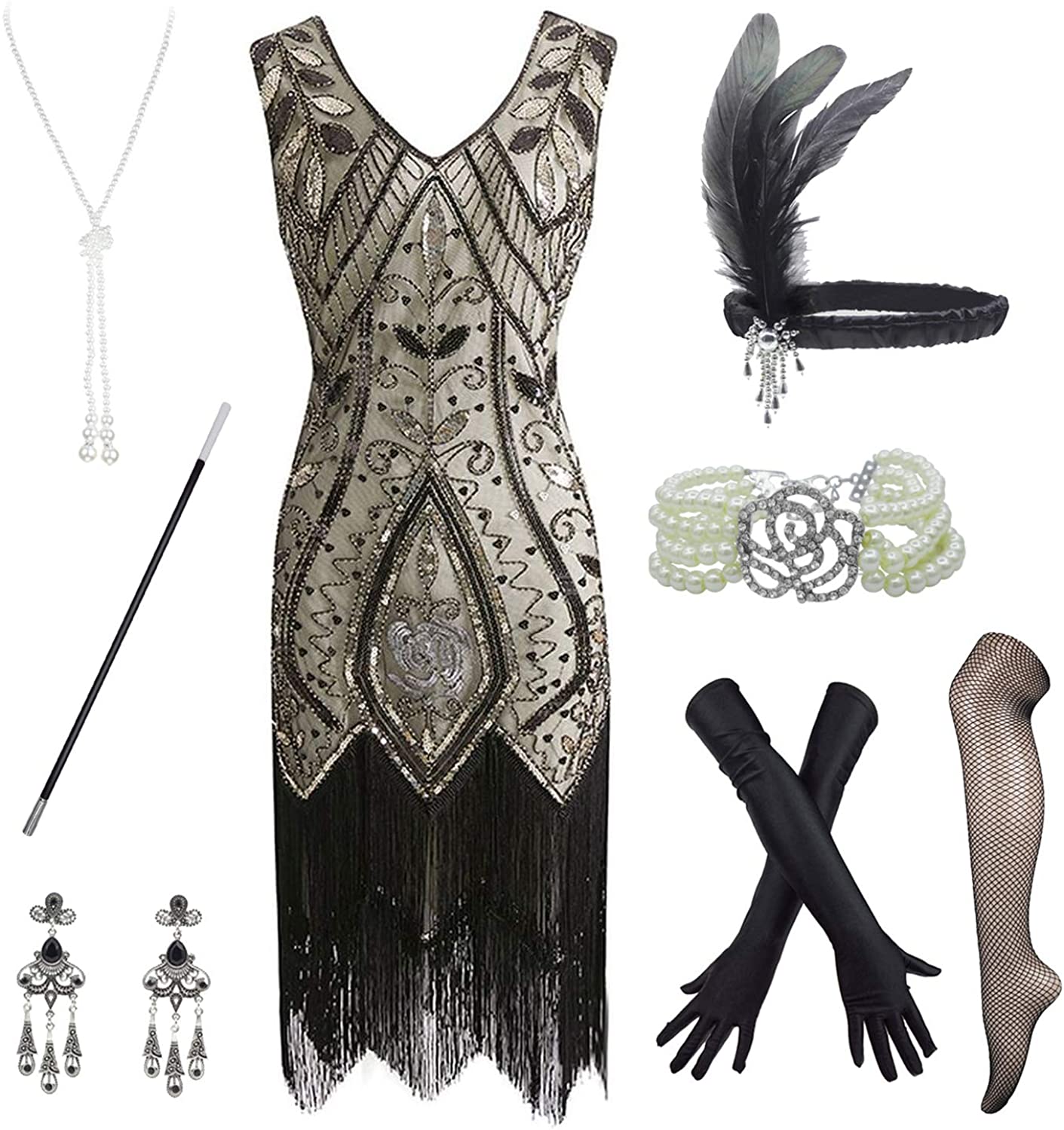 Price:$46.90 Women's Roaring 20s V-Neck Gatsby Flapper Dresses with Accessories Set at Amazon Women’s Clothing store
