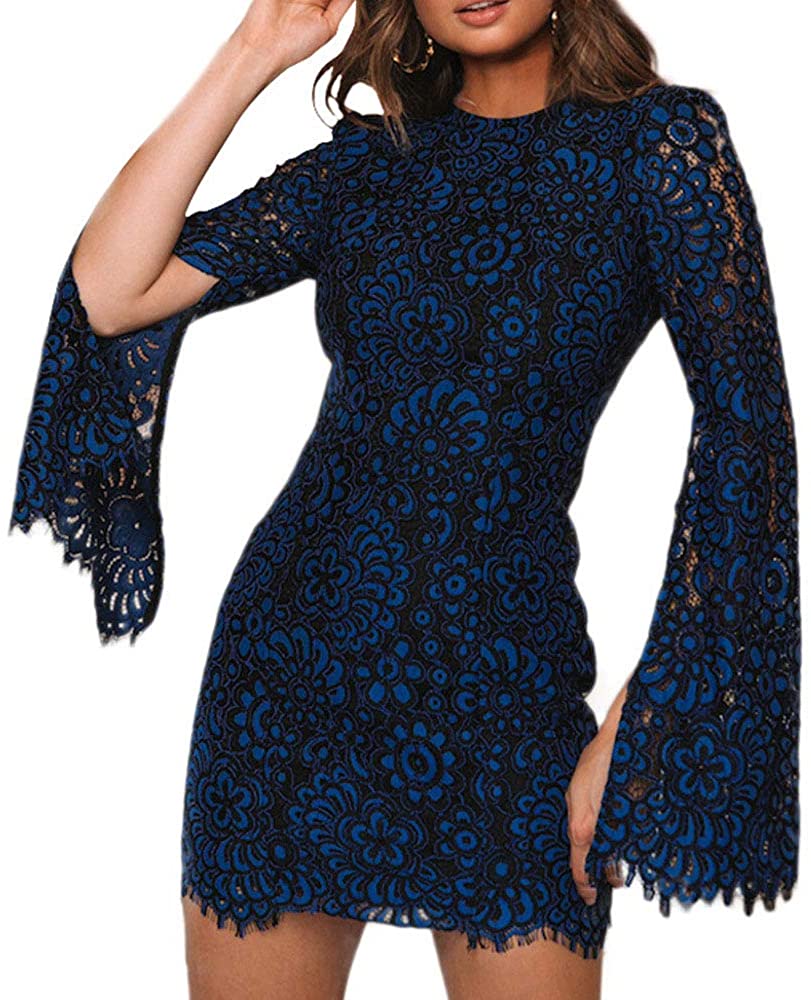 Price:$6.99    wahyoo Women's Floral Lace Dress Elegant Split Flare Sleeve Sexy Mini Bodycon Dress for Cocktail Party  Clothing