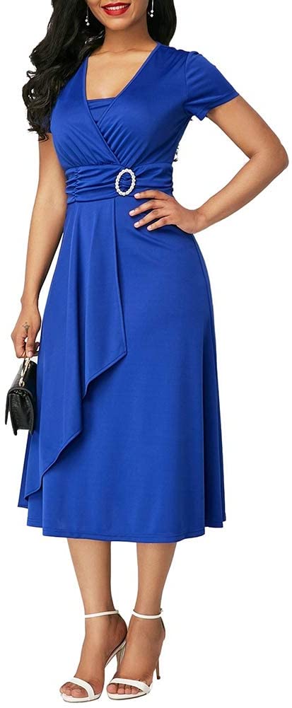 Price:$15.49    memorytime Women Dresses, Solid Color Plus Size Short Sleeve V Neck Asymmetric Midi Dress for Party Blue L  Clothing