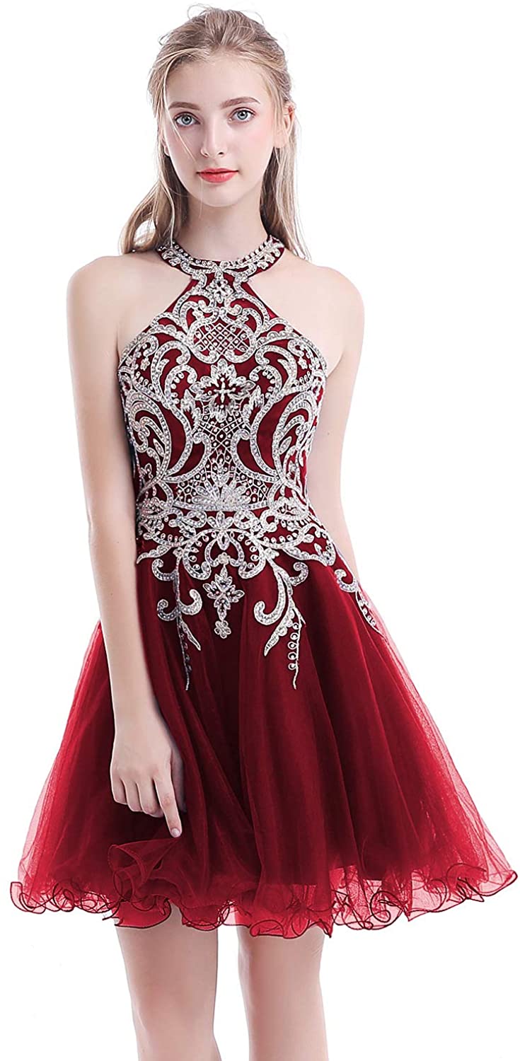 Price:$56.99    Aurora Bridal Women's Halter Homecoming Dresses 2018 Short Tulle Prom Gown Ah112  Clothing