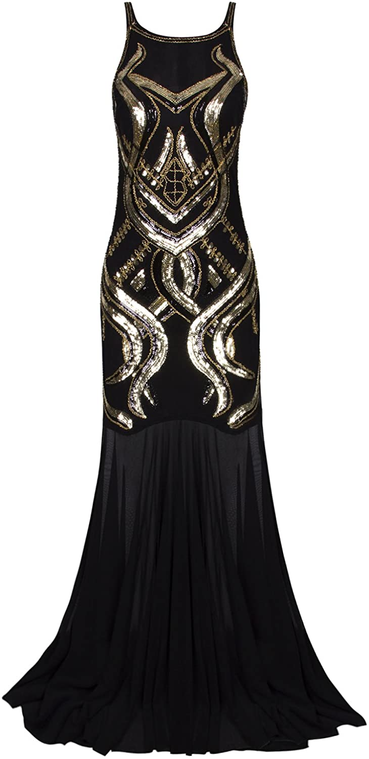 Price:$43.99    VIJIV Women's 1920s Beaded Straps A-Line Floor Length Gatsby Prom Evening Dress  Clothing
