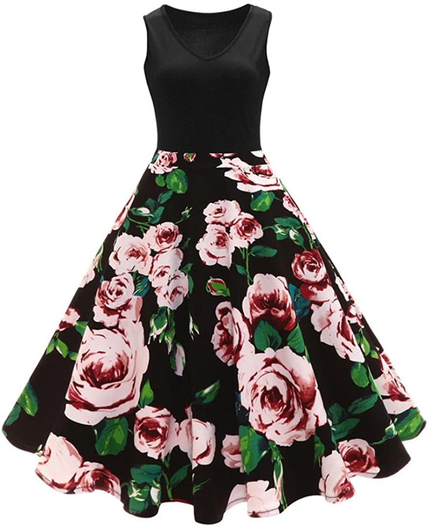 Price:$2.71    Agrintol Floral Elegant Dress, Women Floral Elegant Sleeveless Vintage Tea Hepburn Dress  Clothing
