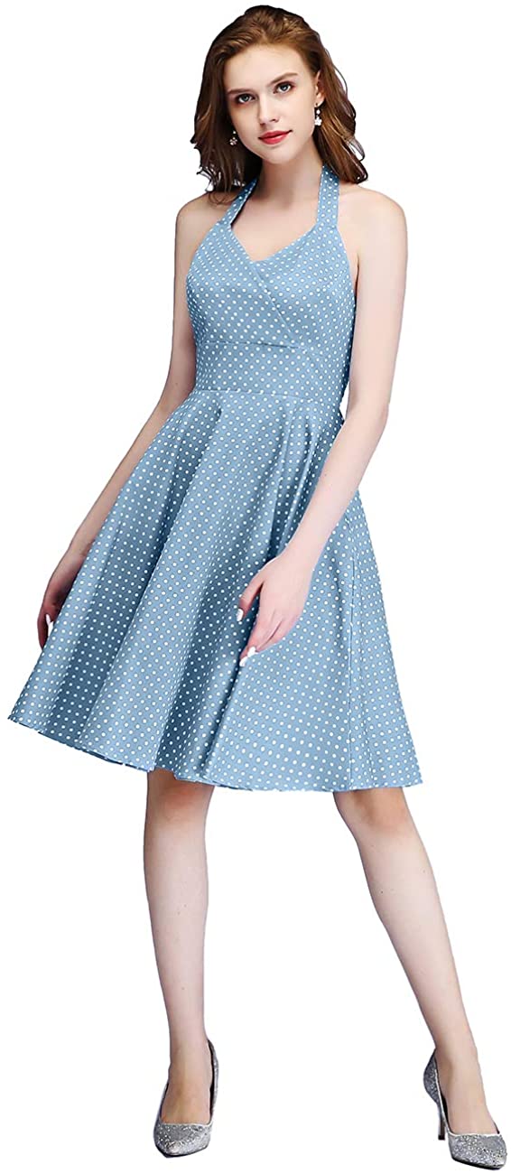 Price:$19.99    1950 Rockabilly Dresses for Women, Vintage 50s Homecoming Dress V Halter A-line Sleeveless Audrey Hepburn Dresses  Clothing
