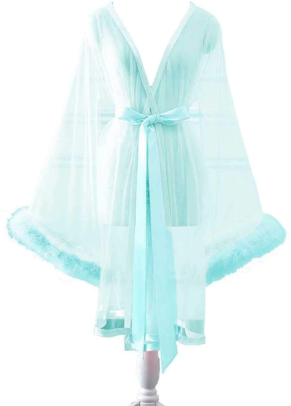 Price:$59.99    Changuan Sexy Illusion Long Lingerie Robe Nightgown Bathrobe Sleepwear Feather Bridal Robe Wedding Scarf  Clothing