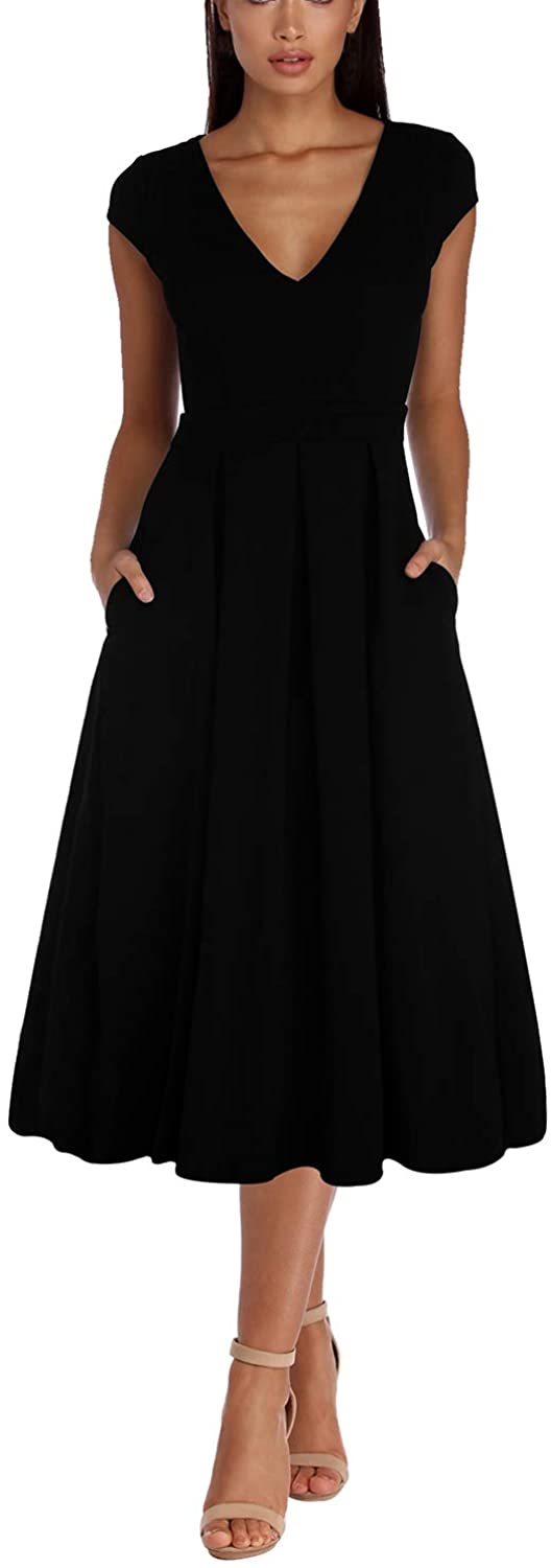 Price:$21.99    LaSuiveur Women's Cap Sleeves V Neck Pockets Plain Swing Midi Work Party Dresses  Clothing