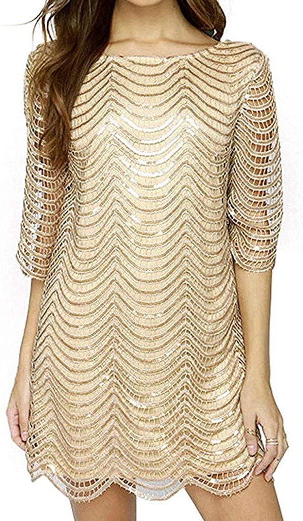 Price:$34.99 Joeoy Women's Metallic Sequins Half Sleeve Wave Gold Shift Party Dress with Scallop Edge at Amazon Women’s Clothing store