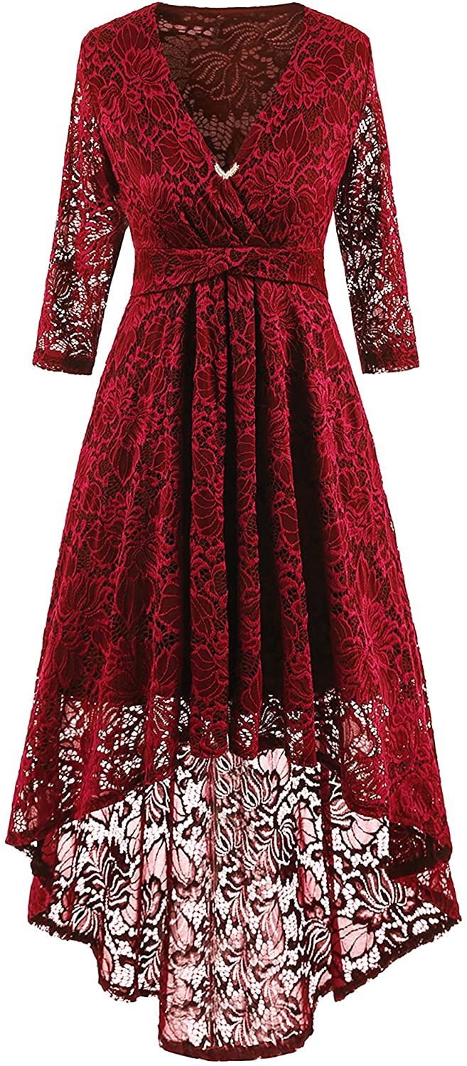 Price:$16.99    Women's Vintage 1950s Floral Lace Bridesmaid Dress 3/4 Sleeves A-Line Deep V Neck Cocktail Party Dresses w/2 Brooches  Clothing