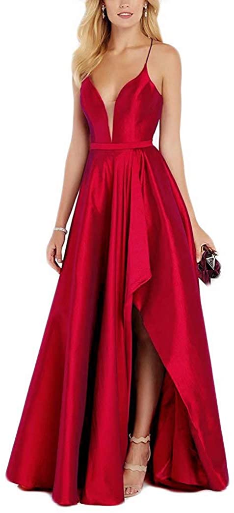 Price:$69.99 liangjinsmkj V Neck High Low Prom Dresses Long Slit Taffeta Formal Bridesmaids Evening Gown at Amazon Women’s Clothing store