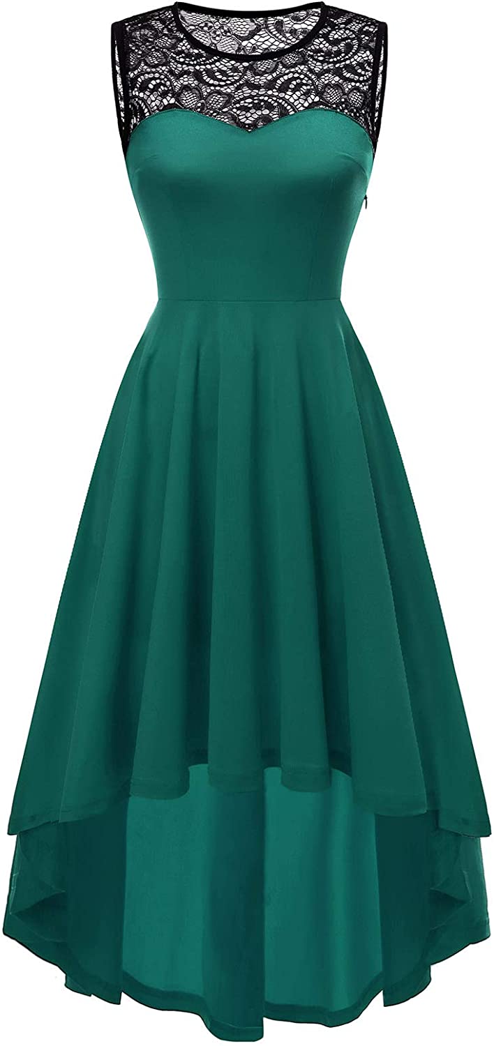 Price:$26.99    Yoyaker Women's Vintage Lace Sleeveless Hi-Lo Cocktail Party Pleated Swing Dress Bridesmaid Prom Dress Dark Green 2XL  Clothing