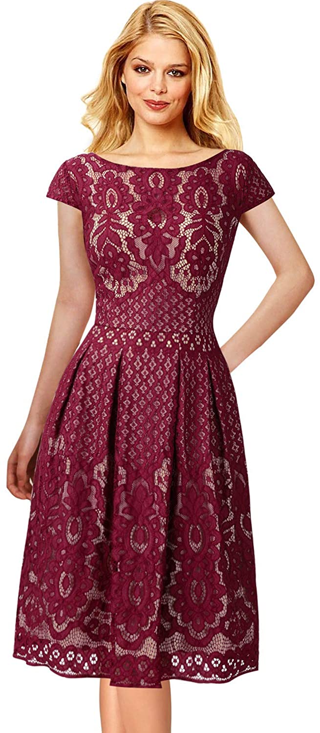 Price:$42.99    VFSHOW Womens Boat Neck Floral Lace Pockets Pleated Cocktail Party A-Line Dress 1623 RED 3XL  Clothing