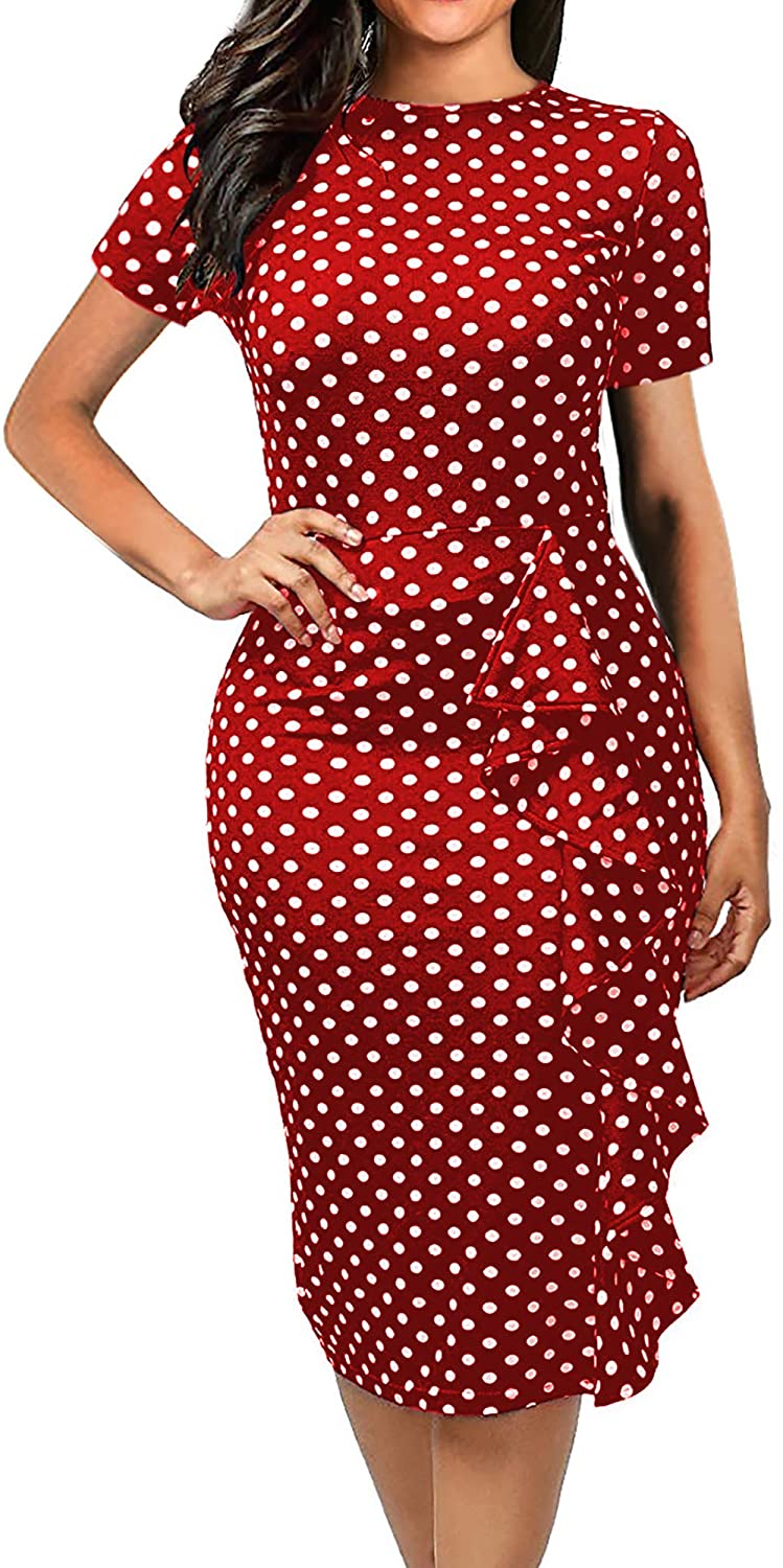 Price:$19.89 Sakaly Women's Vintage Polka Dot Pencil Fitted Slim Tunic Office Work Business Sheath Pencil Dress SK055 at Amazon Women’s Clothing store