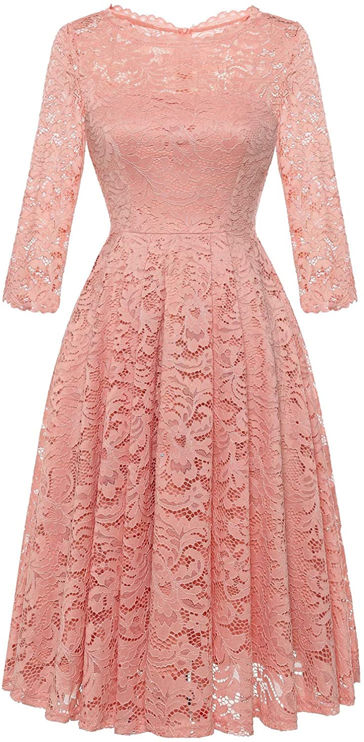 Price:$34.69    LVNES Women's Lace 3/4 Sleeve Bridesmaid Party Dress A-Line Cocktail Swing Dress  Clothing