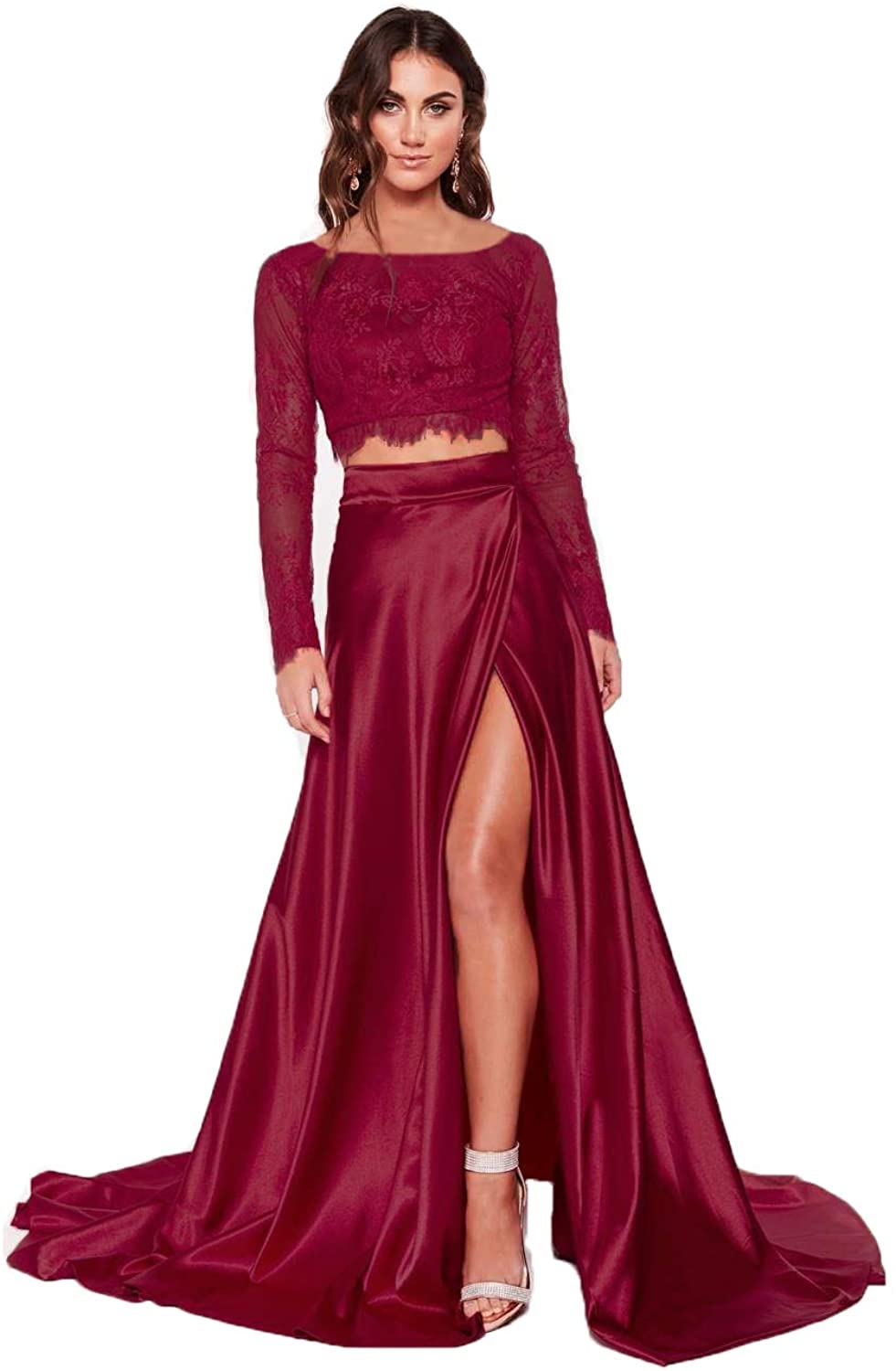 Price:$72.99    Clothfun Satin Two Piece Prom Dresses 2020 Long Sleeve Evening Gowns for Women Formal Dresses Burgundy-2  Clothing