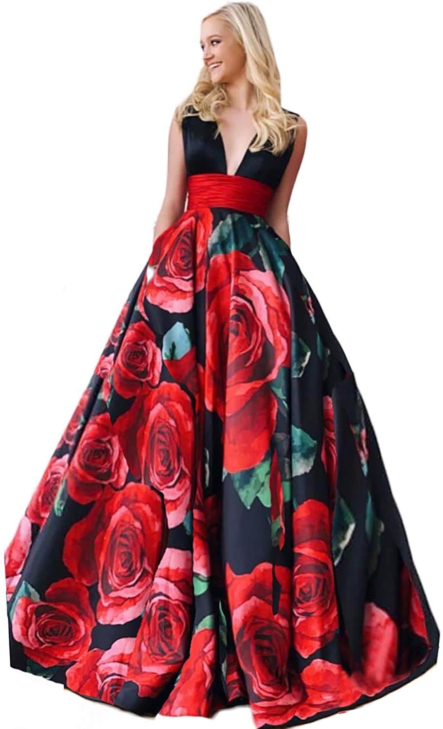 Price:$86.99    DarlingU Women's V Neck Satin Floral Print Prom Dresses Long with Pockets Formal Gowns Black and Red Size 20  Clothing
