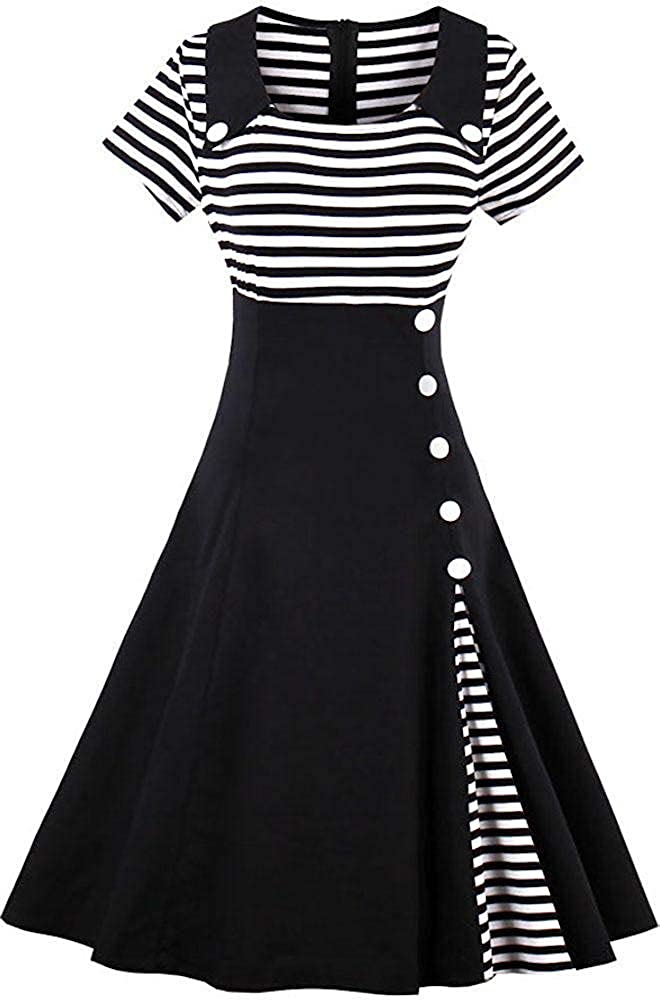 Price:$24.99 Womens Vintage Sailor Dress Short Sleeve Stripes 1950s Party Swing Dress AT07 at Amazon Women’s Clothing store