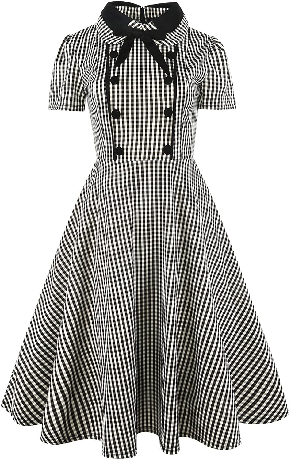 Price:$37.99    HELYO Women's Rockabilly Bow Neck Plaid Short Sleeve Vintage Work Swing Cocktail Party Dress 212  Clothing